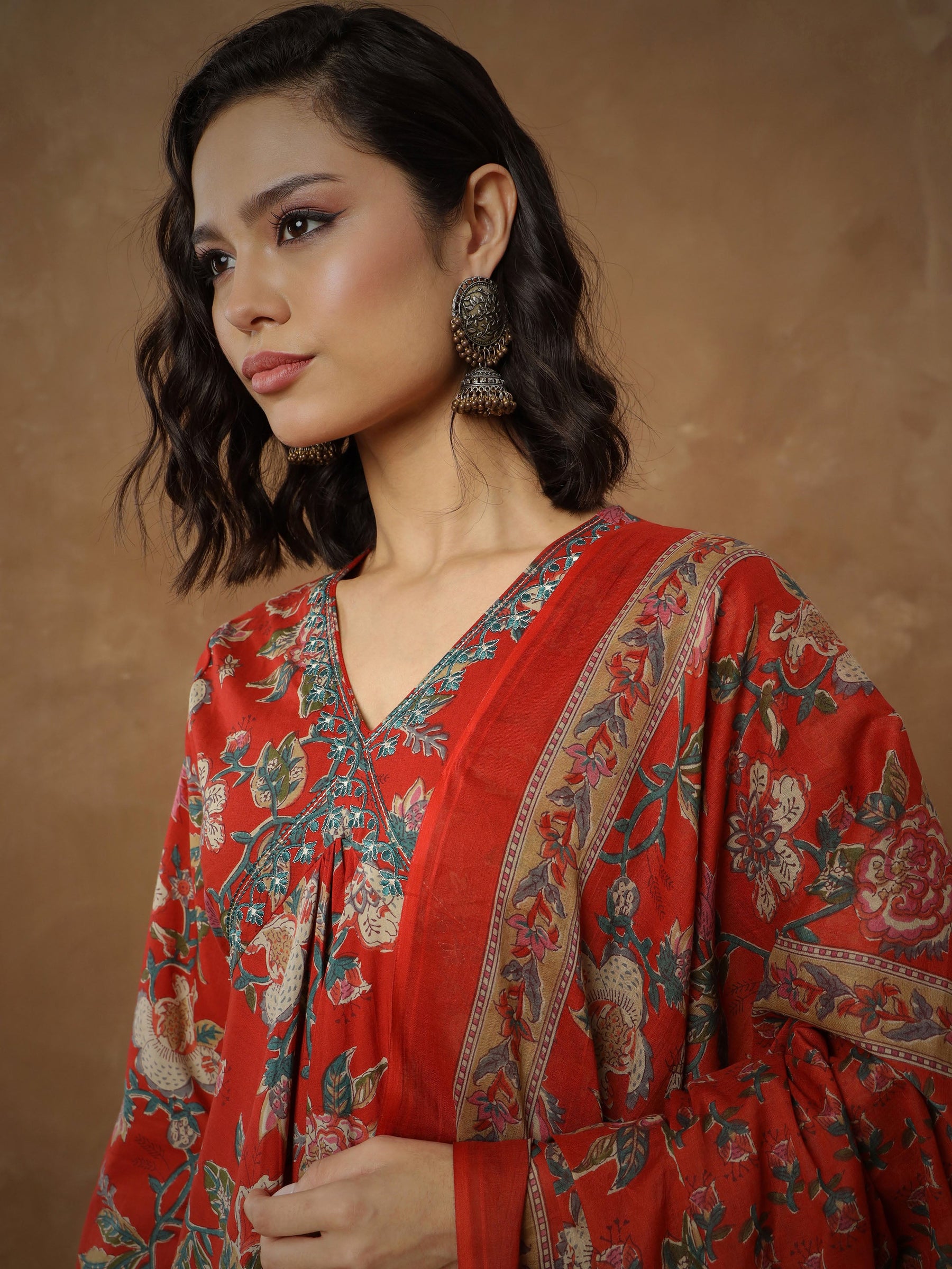 Red Floral Anarkali Kurta With Pants & Dupatta-Shae By SASSAFRAS