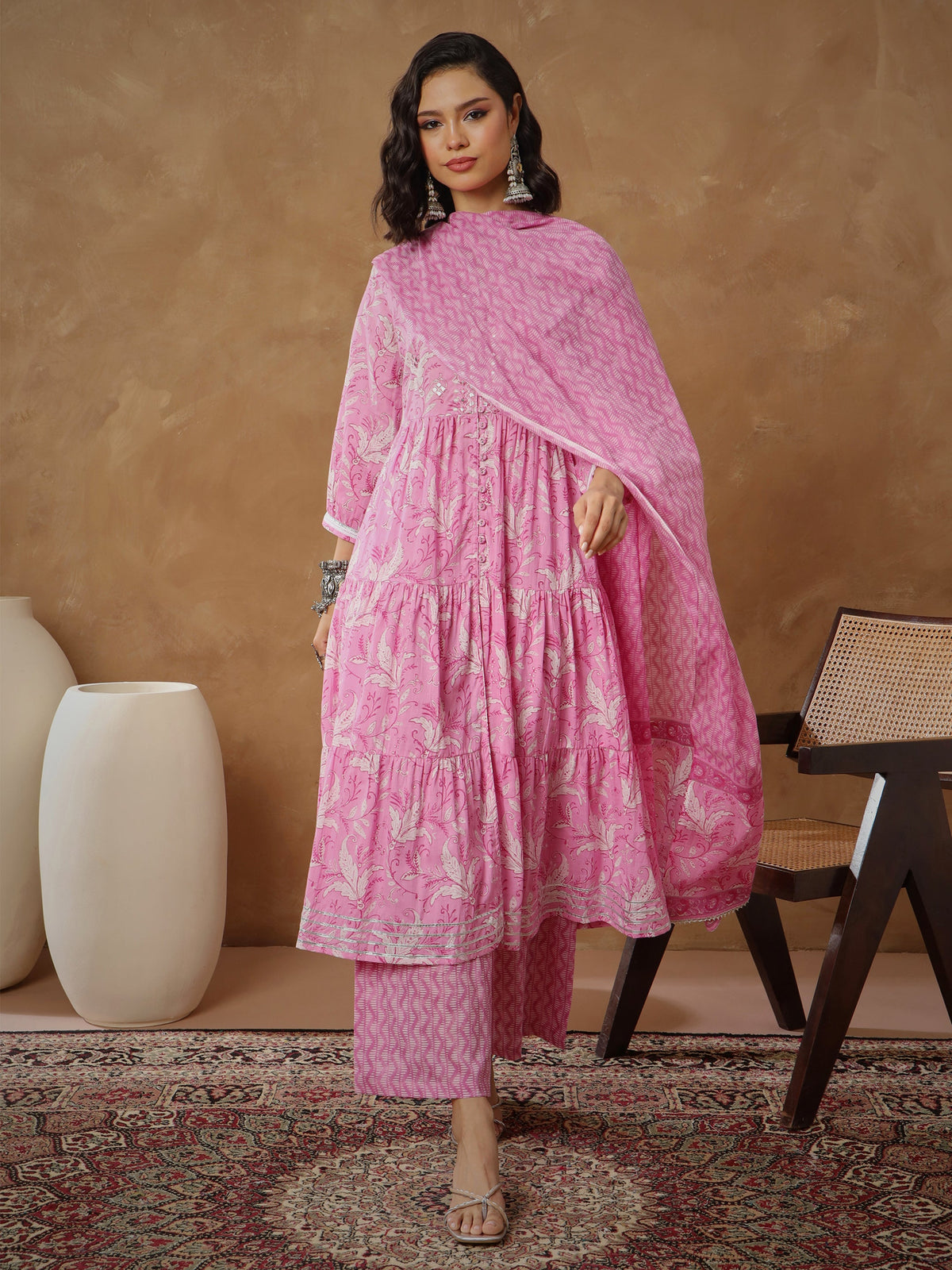 Pink Floral Tiered Anarkali Kurta With Pants & Dupatta-Shae By SASSAFRAS