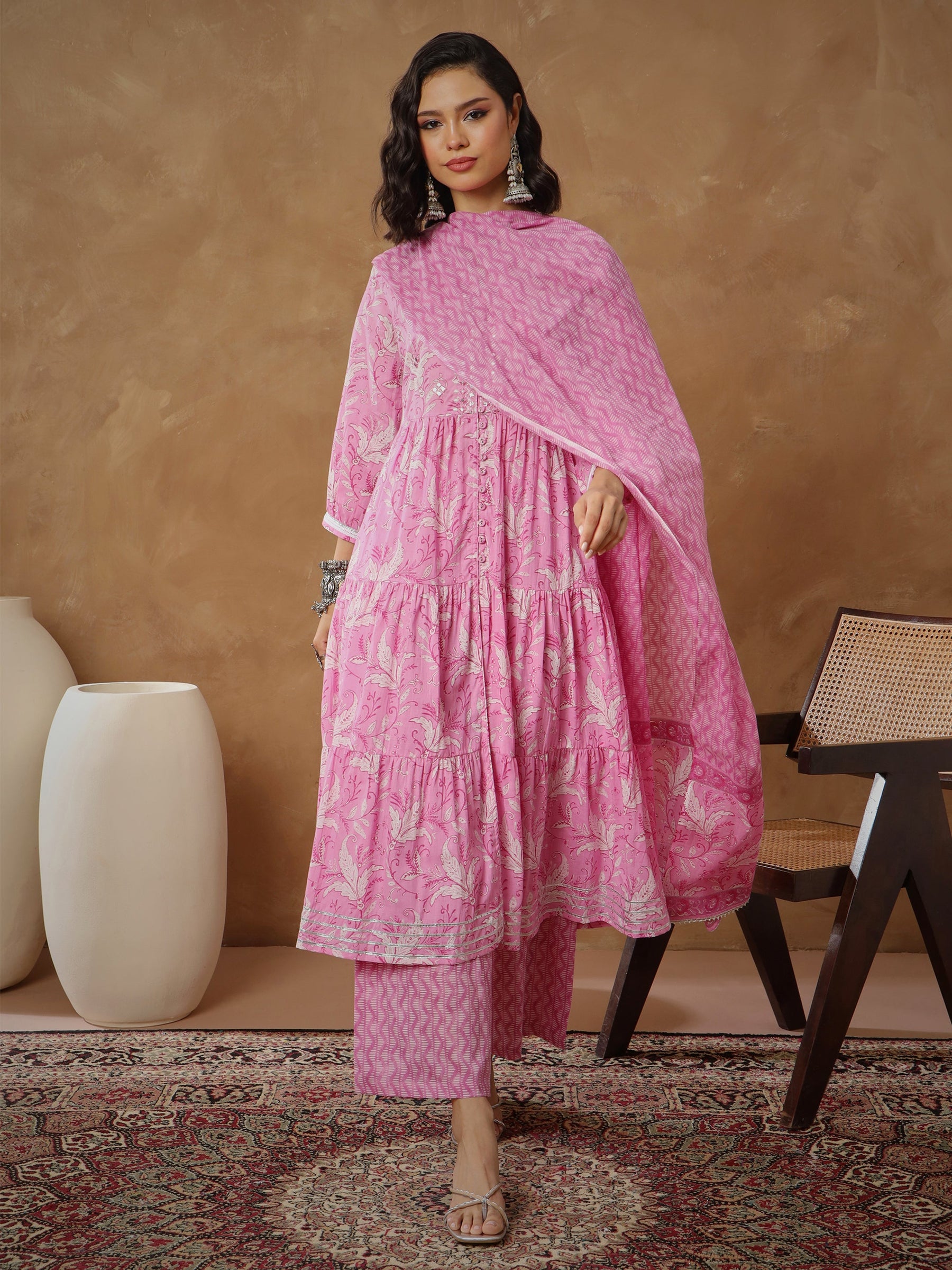Pink Floral Tiered Anarkali Kurta With Pants & Dupatta-Shae By SASSAFRAS
