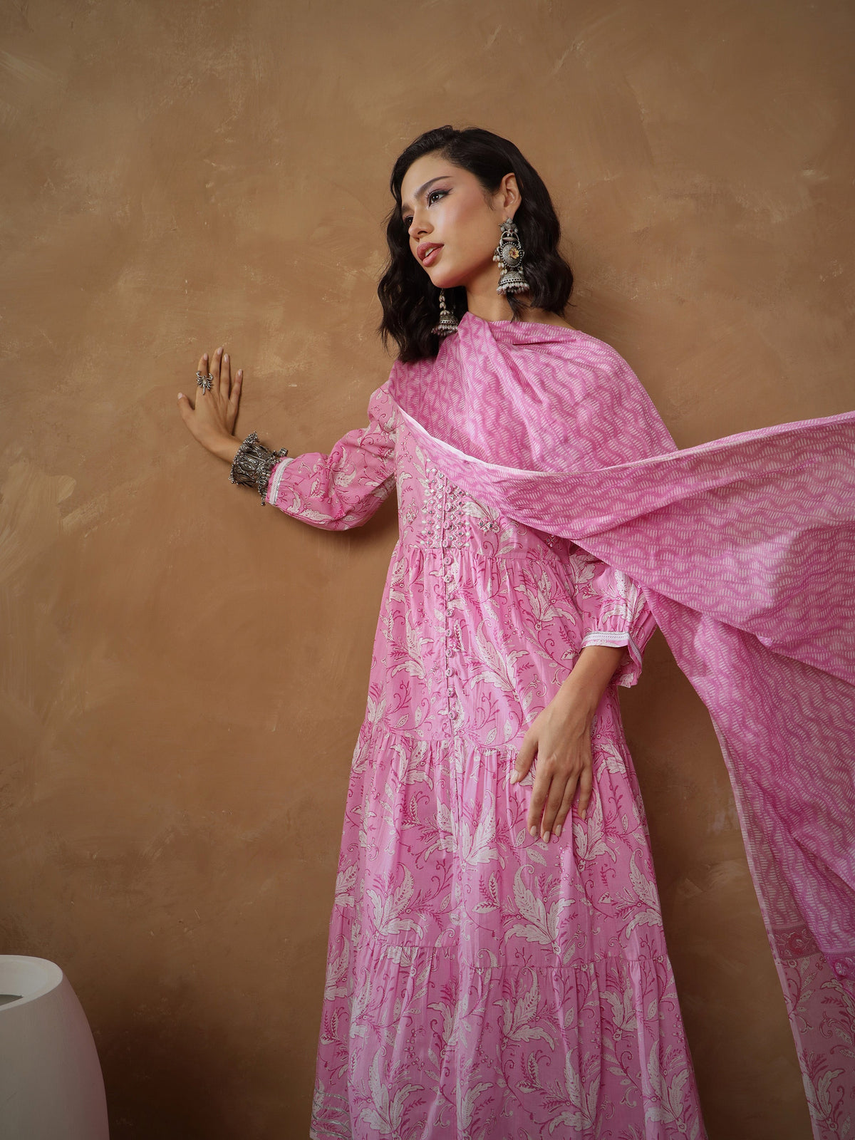 Pink Floral Tiered Anarkali Kurta With Pants & Dupatta-Shae By SASSAFRAS