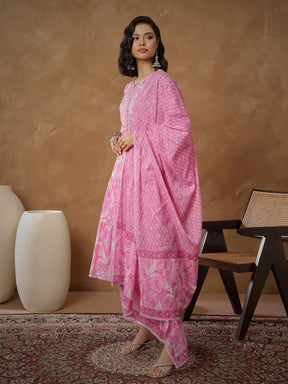Pink Floral Tiered Anarkali Kurta With Pants & Dupatta-Shae By SASSAFRAS