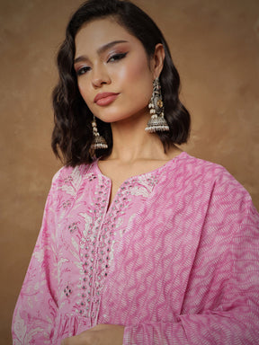 Pink Floral Tiered Anarkali Kurta With Pants & Dupatta-Shae By SASSAFRAS