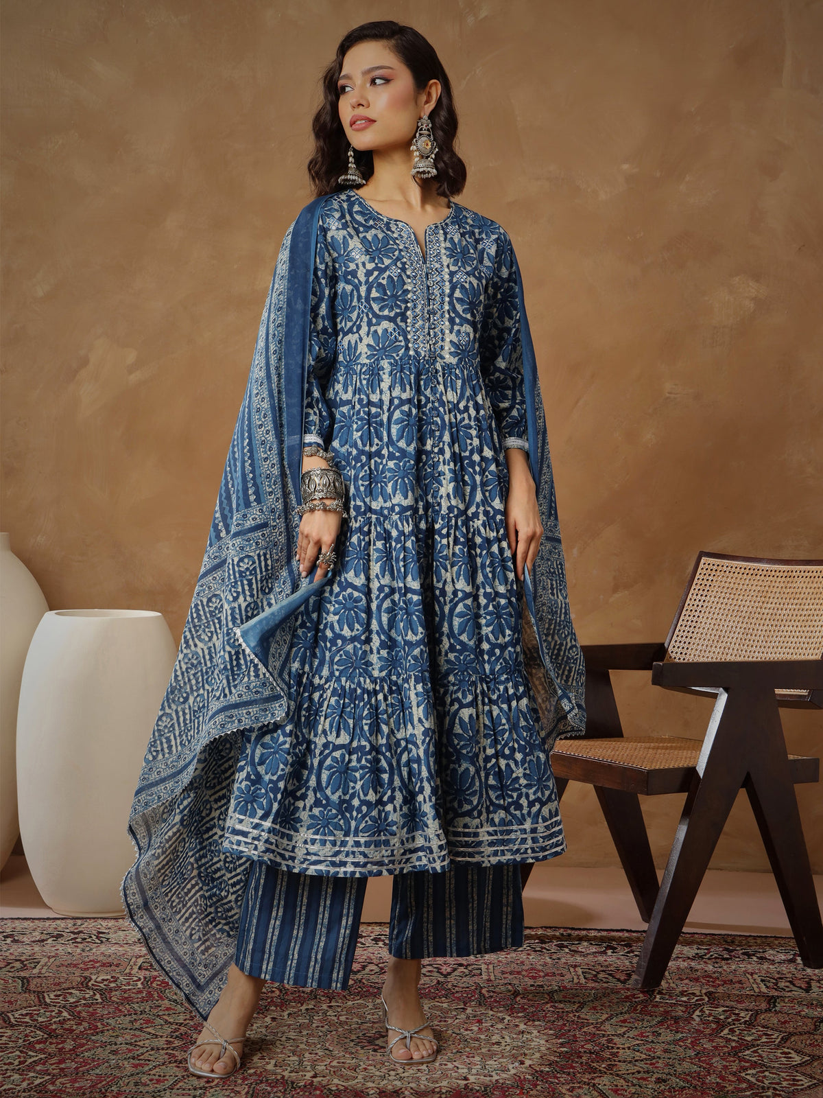 Navy Floral Tiered Anarkali Kurta With Pants & Dupatta-Shae By SASSAFRAS