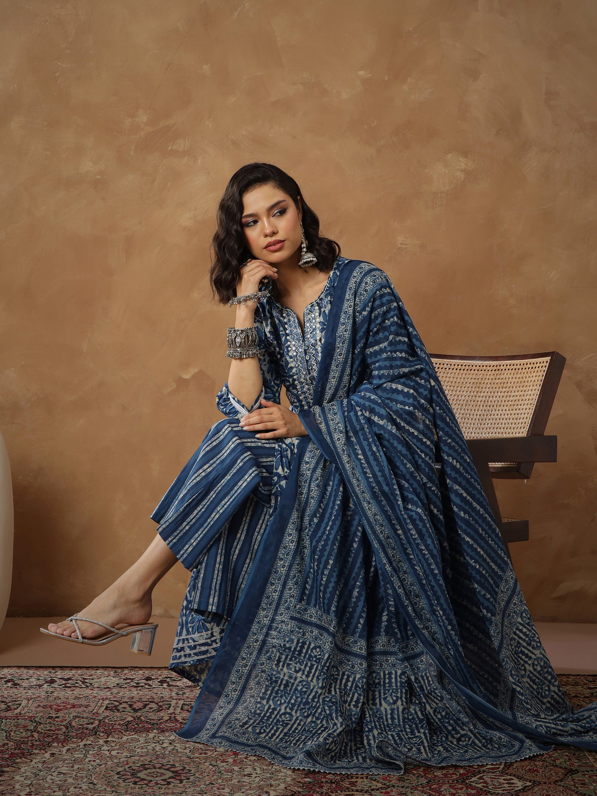 Navy Floral Tiered Anarkali Kurta With Pants & Dupatta-Shae By SASSAFRAS