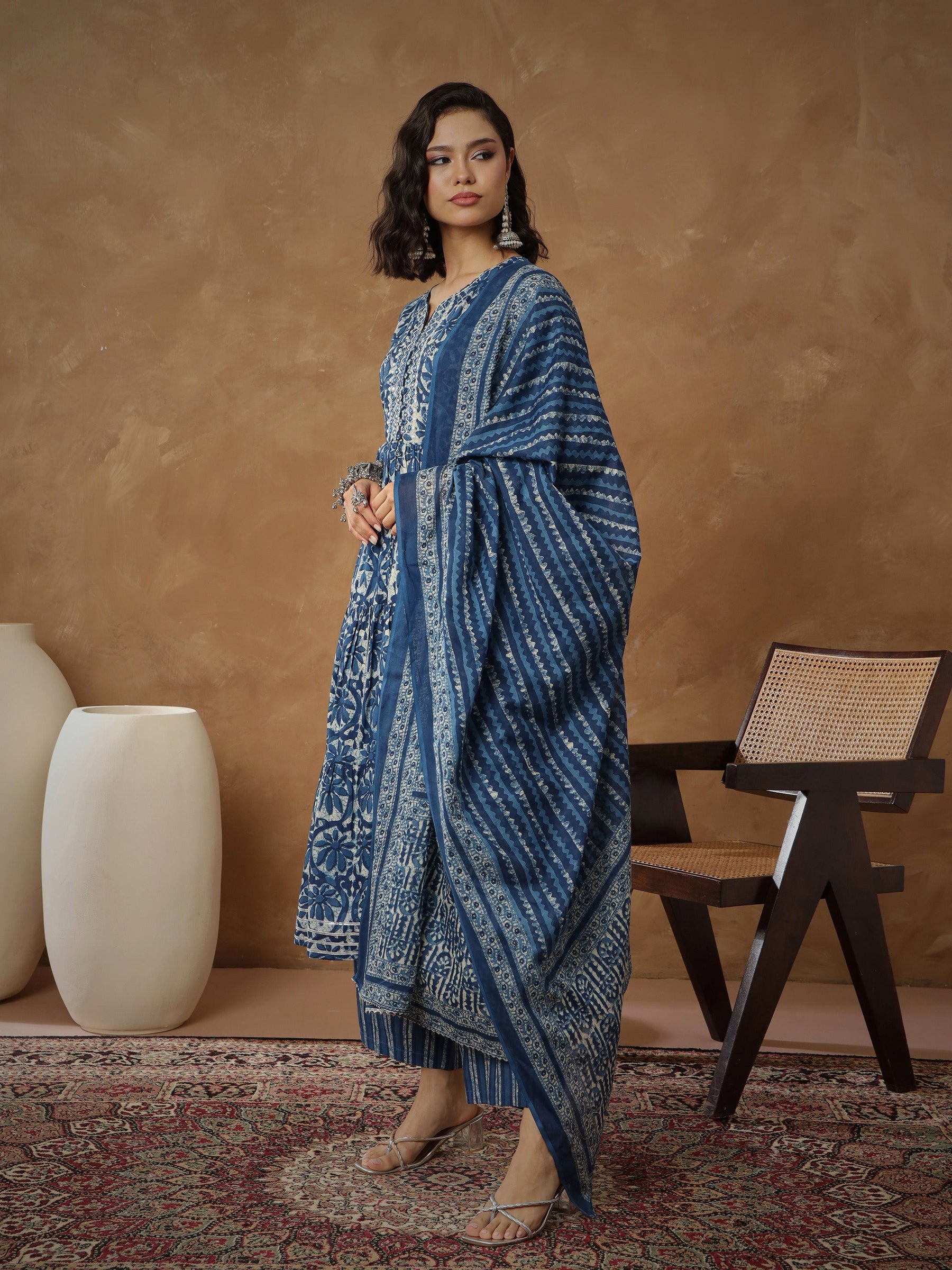 Navy Floral Tiered Anarkali Kurta With Pants & Dupatta-Shae By SASSAFRAS