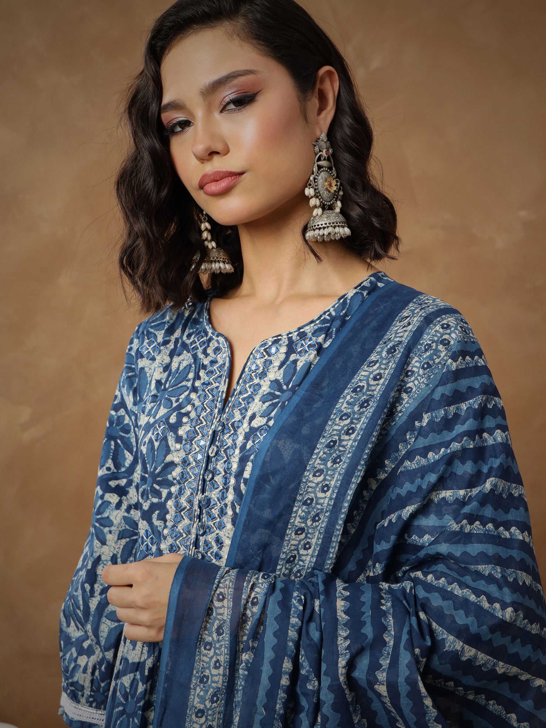 Navy Floral Tiered Anarkali Kurta With Pants & Dupatta-Shae By SASSAFRAS
