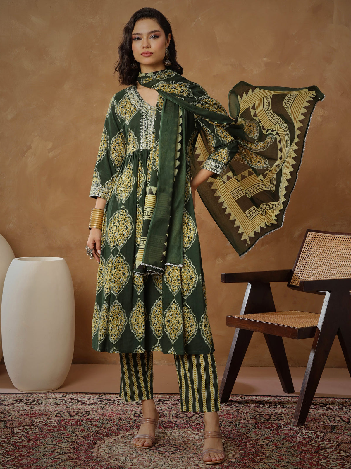 Green Floral Gathered Kurta With Pants & Dupatta-Shae By SASSAFRAS
