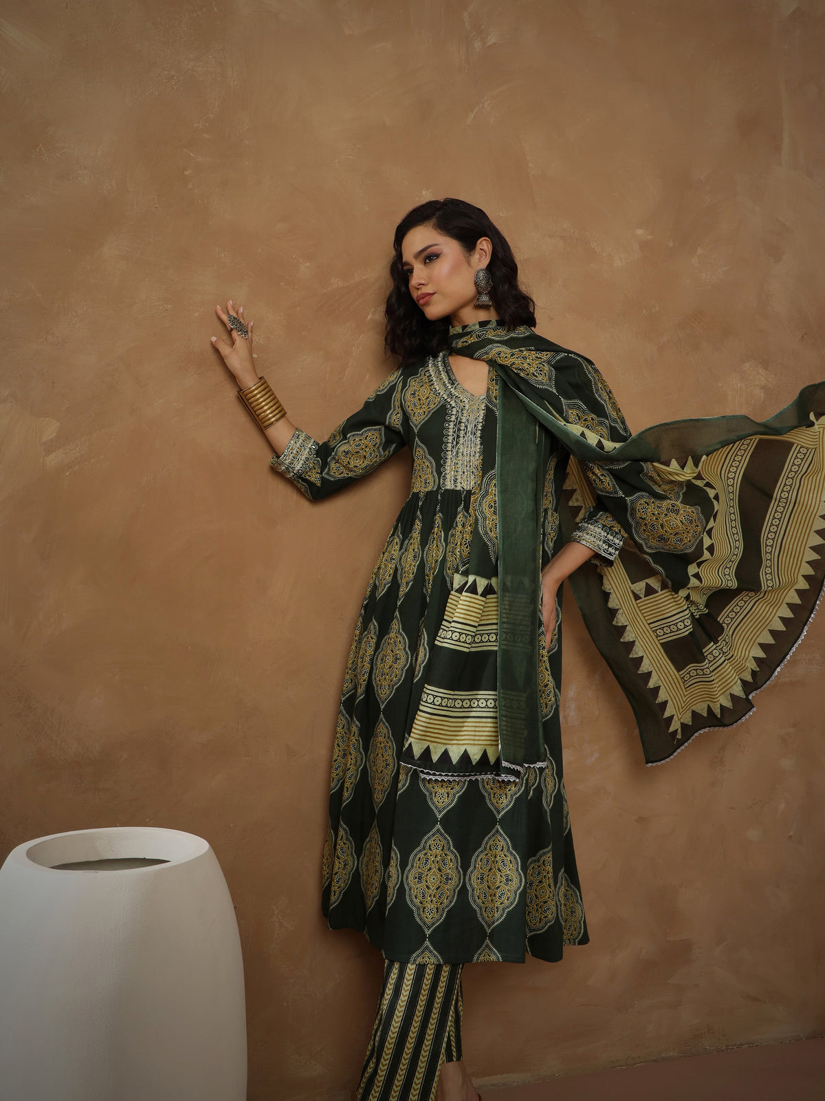 Green Floral Gathered Kurta With Pants & Dupatta-Shae By SASSAFRAS