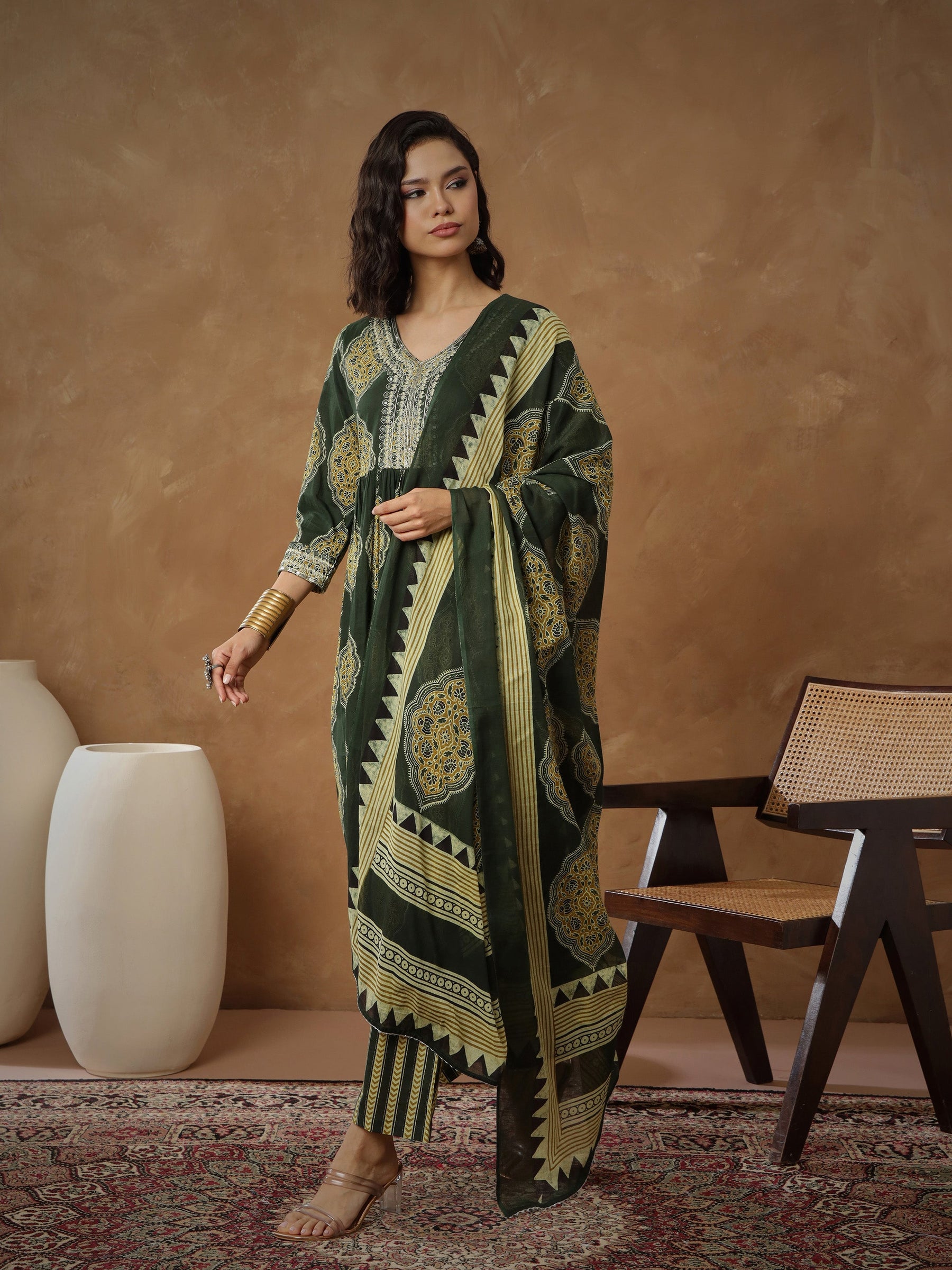 Green Floral Gathered Kurta With Pants & Dupatta-Shae By SASSAFRAS