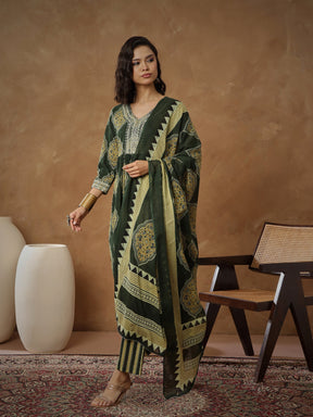 Green Floral Gathered Kurta With Pants & Dupatta-Shae By SASSAFRAS