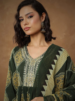 Green Floral Gathered Kurta With Pants & Dupatta-Shae By SASSAFRAS