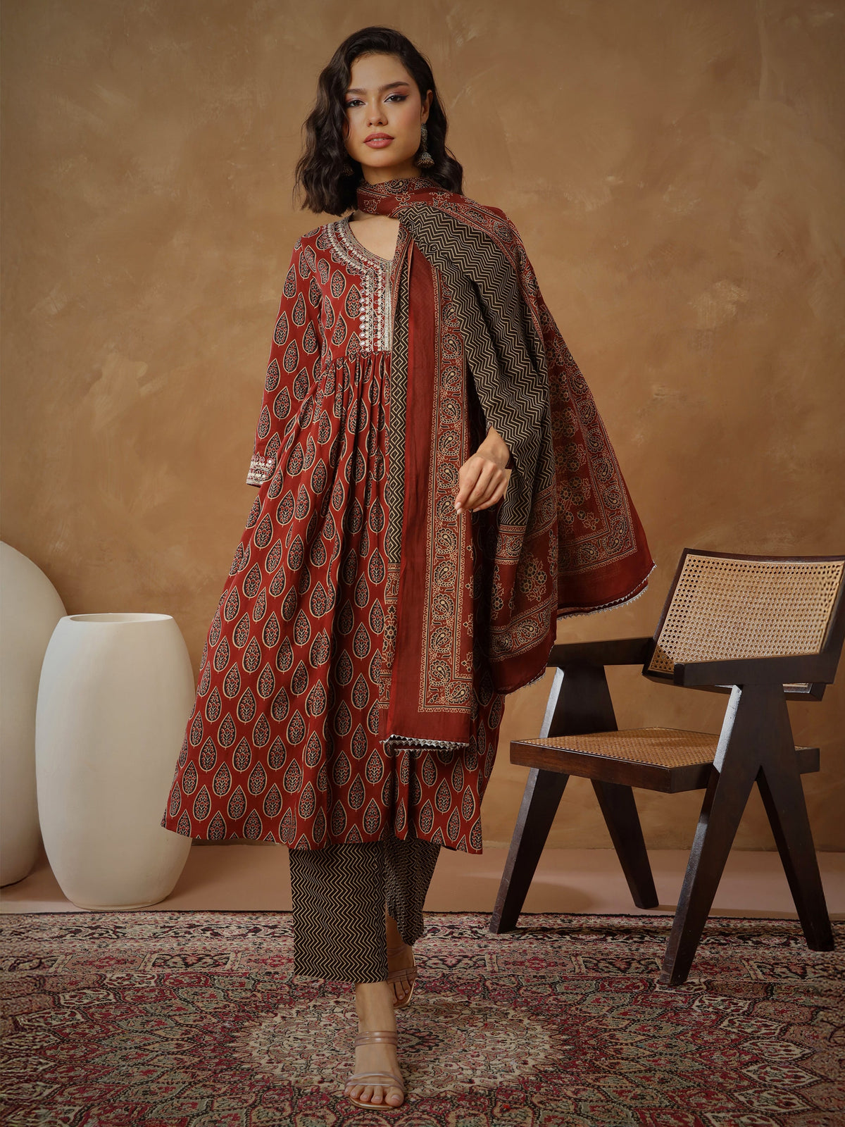 Maroon Floral Gathered Kurta With Pants & Dupatta-Shae By SASSAFRAS