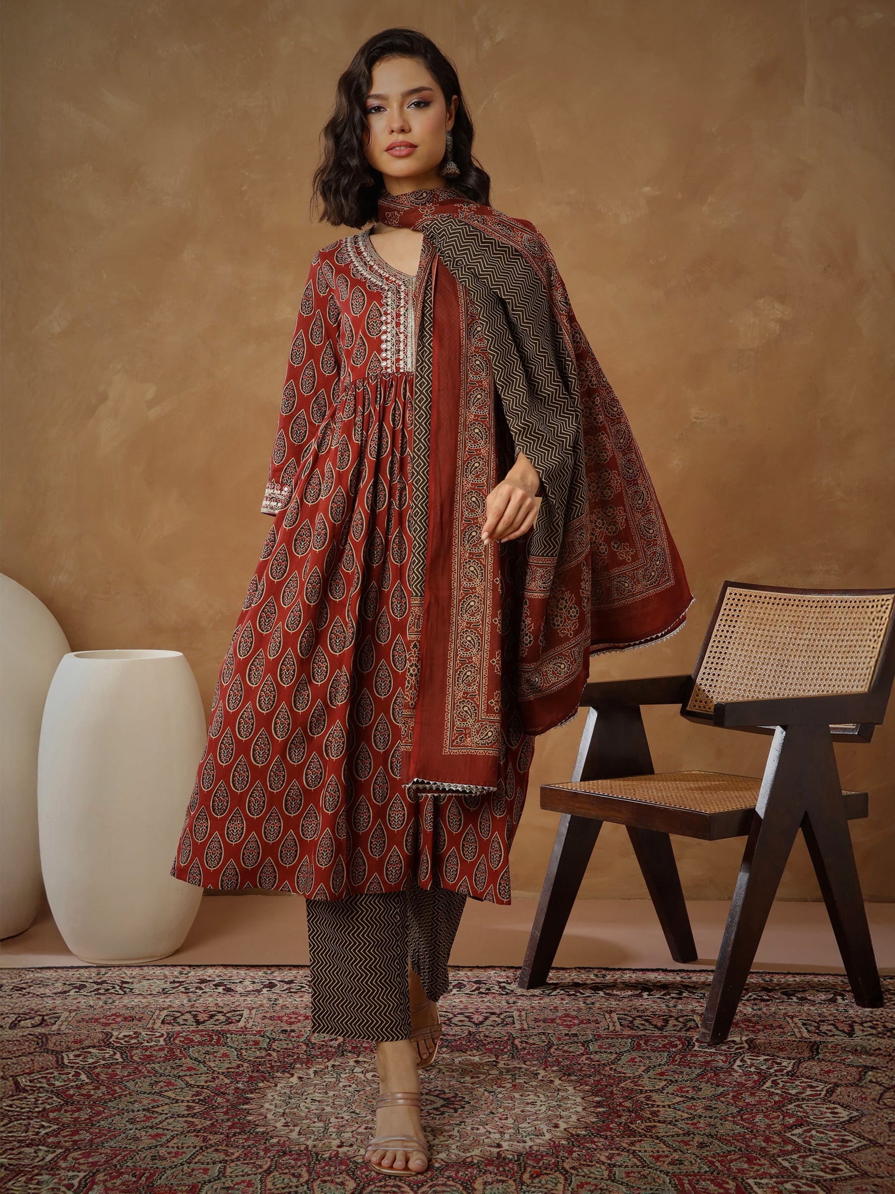 Maroon Floral Gathered Kurta With Pants & Dupatta-Shae By SASSAFRAS