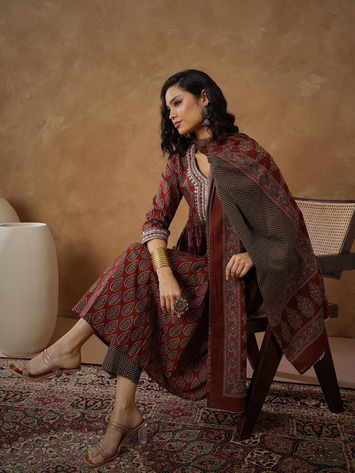Maroon Floral Gathered Kurta With Pants & Dupatta-Shae By SASSAFRAS