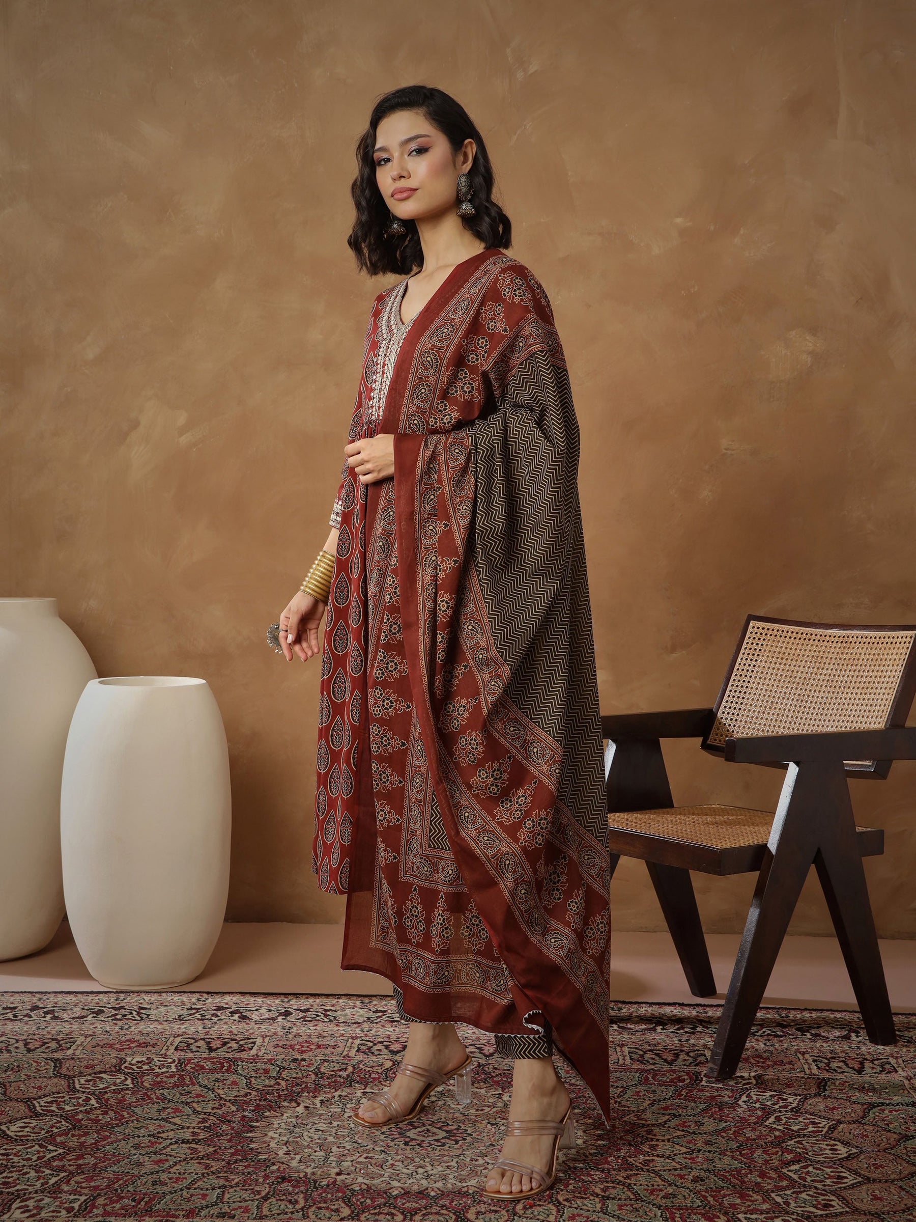 Maroon Floral Gathered Kurta With Pants & Dupatta-Shae By SASSAFRAS