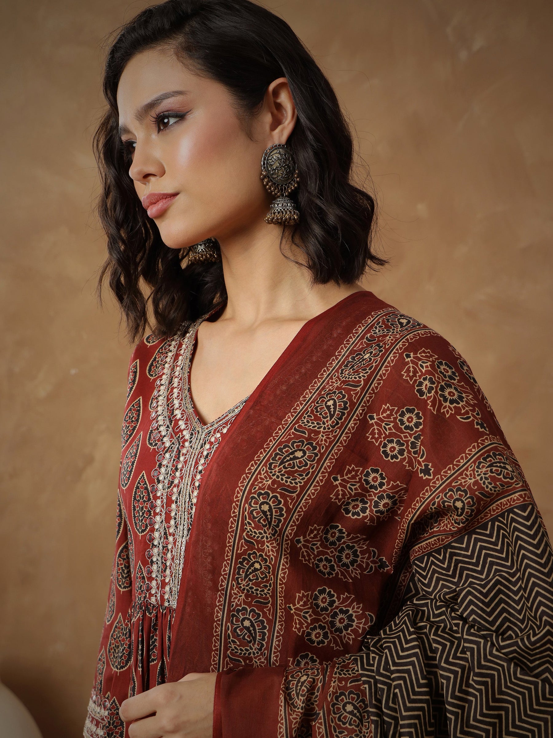 Maroon Floral Gathered Kurta With Pants & Dupatta-Shae By SASSAFRAS