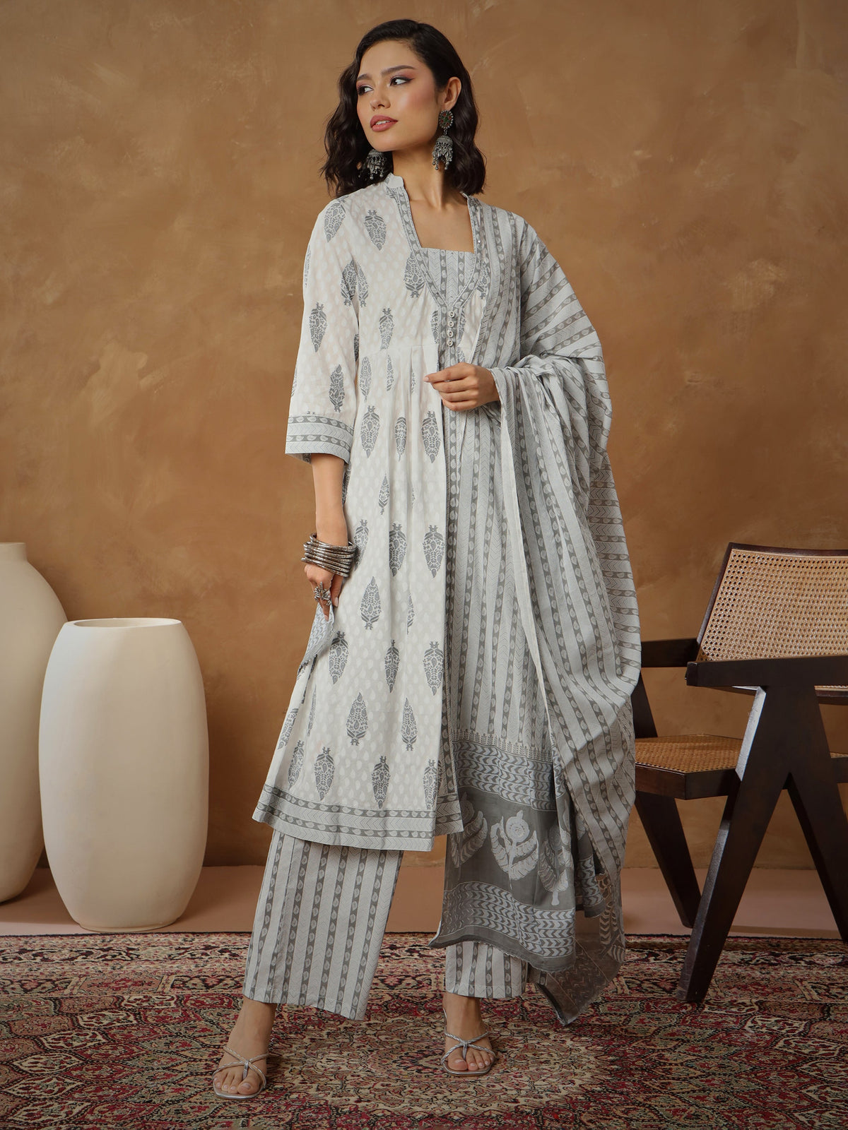 White Ethnic Motif Anarkali Kurta With Pants & Dupatta-Shae By SASSAFRAS