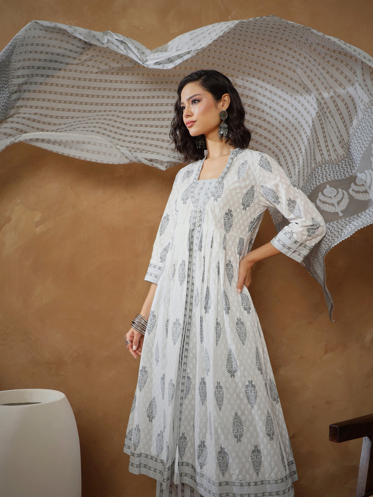 White Ethnic Motif Anarkali Kurta With Pants & Dupatta-Shae By SASSAFRAS