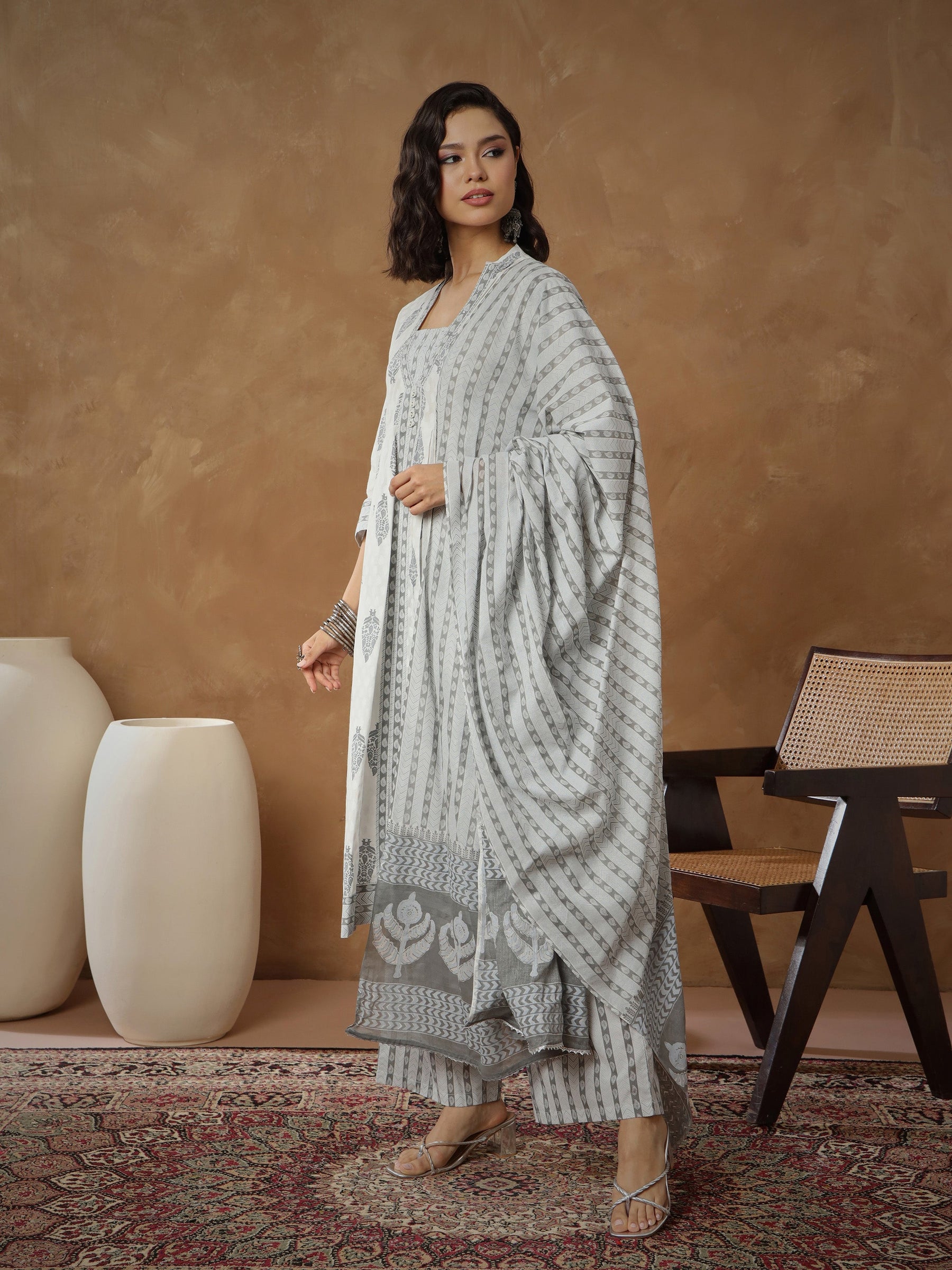 White Ethnic Motif Anarkali Kurta With Pants & Dupatta-Shae By SASSAFRAS