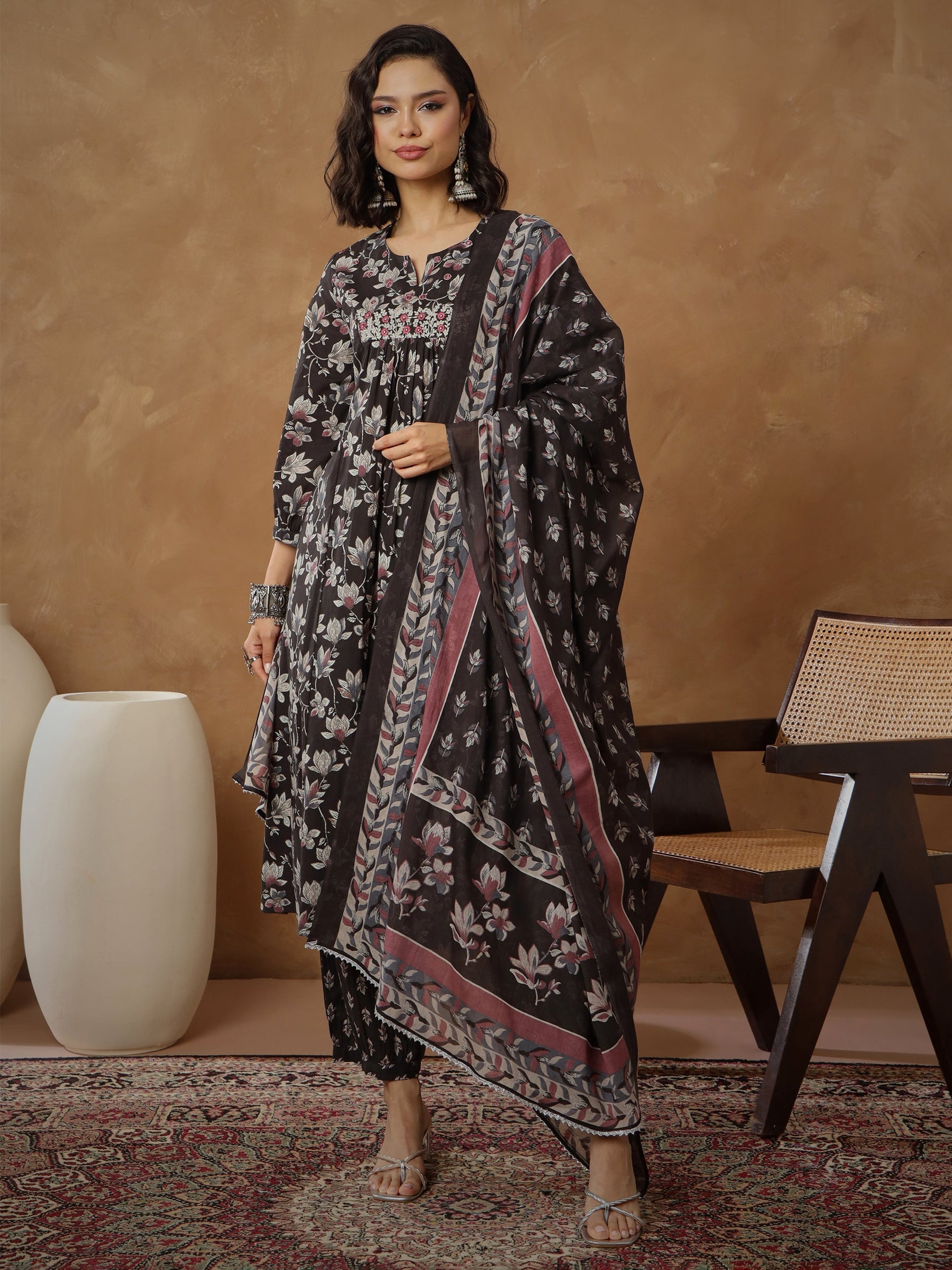 Black Floral Anarkali Kurta With Afghani Pants & Dupatta-Shae By SASSAFRAS