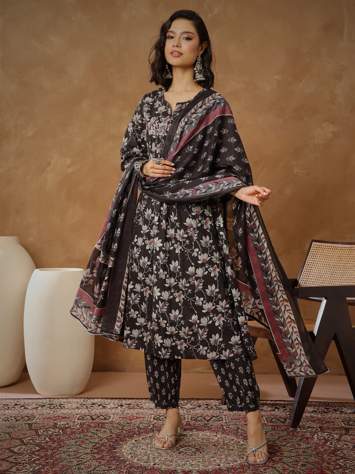 Black Floral Anarkali Kurta With Afghani Pants & Dupatta-Shae By SASSAFRAS