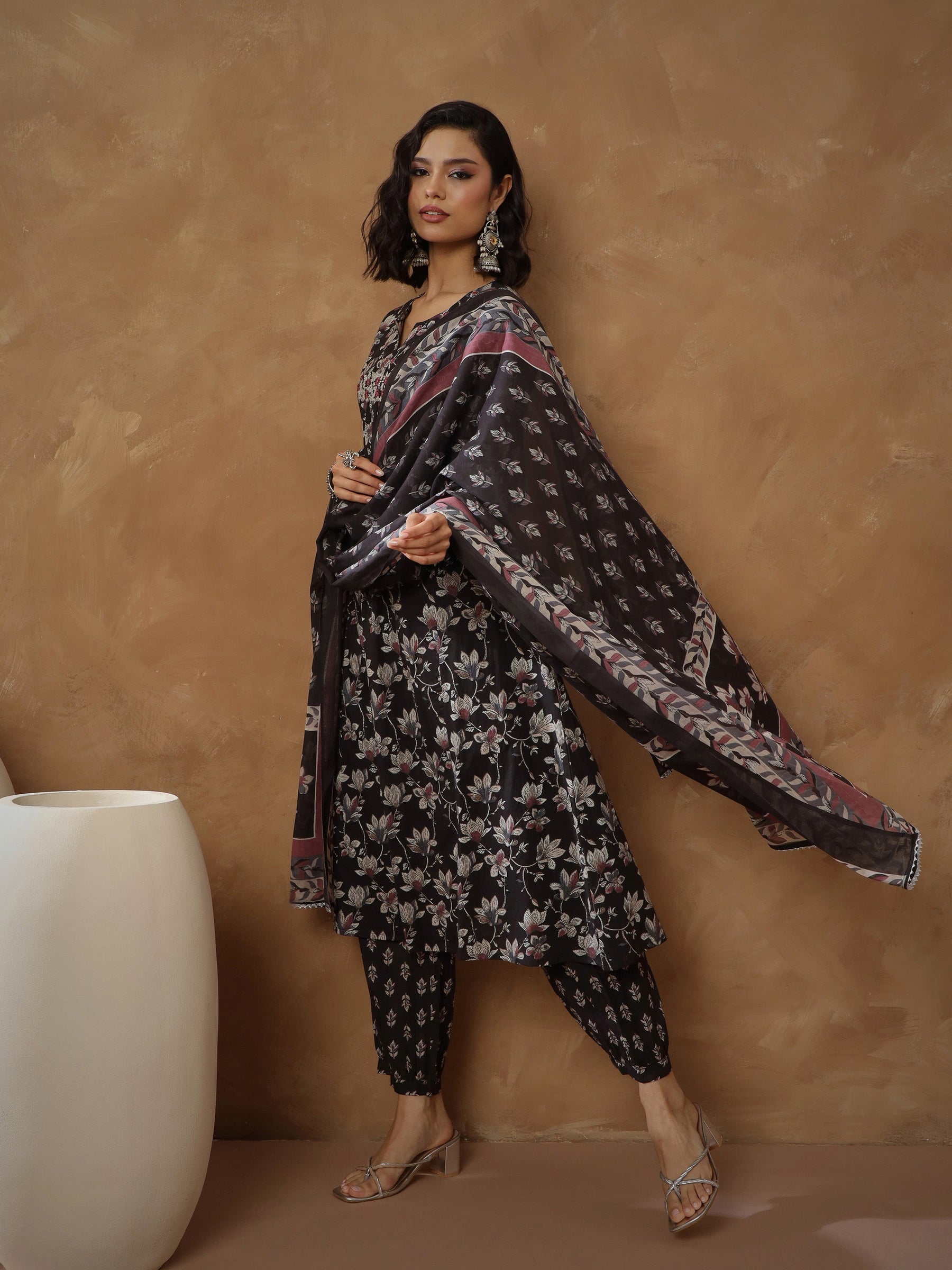 Black Floral Anarkali Kurta With Afghani Pants & Dupatta-Shae By SASSAFRAS