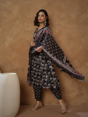 Black Floral Anarkali Kurta With Afghani Pants & Dupatta-Shae By SASSAFRAS