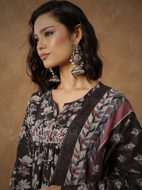 Black Floral Anarkali Kurta With Afghani Pants & Dupatta-Shae By SASSAFRAS