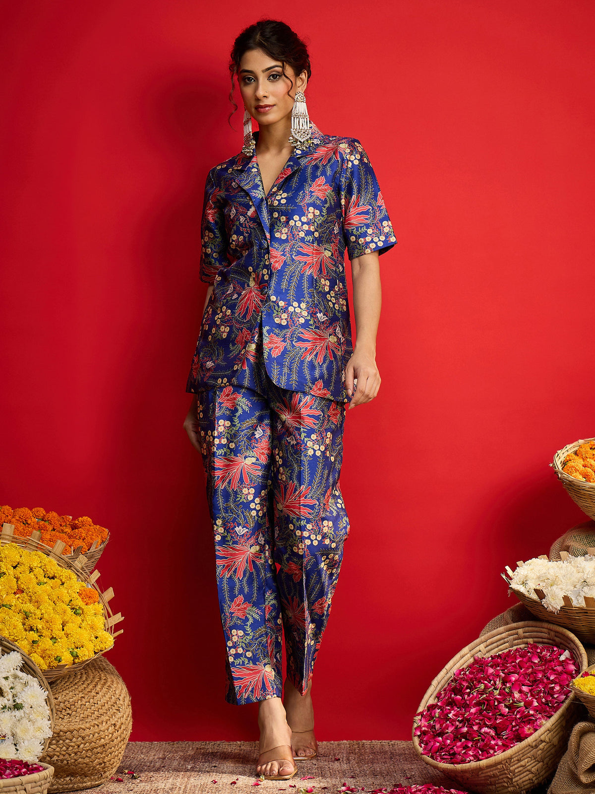 Navy Floral Blazer With Tapered Pants-Shae By SASSAFRAS