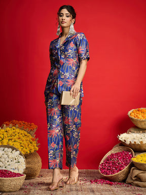 Navy Floral Blazer With Tapered Pants-Shae By SASSAFRAS