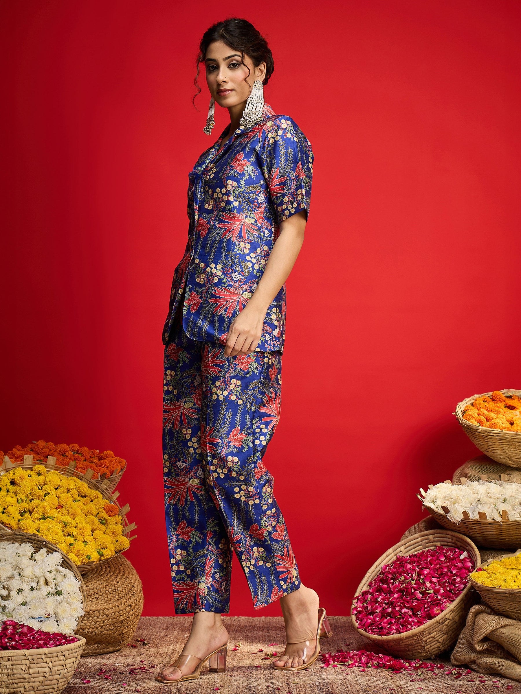 Navy Floral Blazer With Tapered Pants-Shae By SASSAFRAS