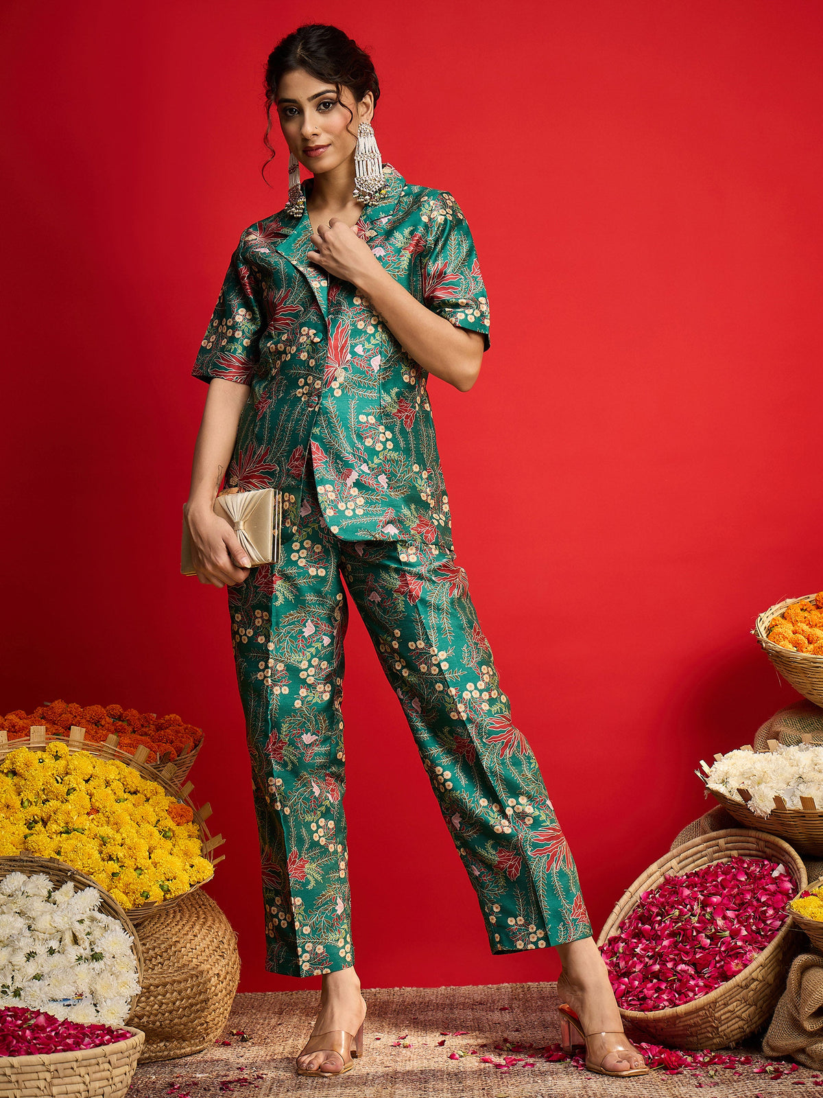 Green Floral Blazer With Tapered Pants-Shae By SASSAFRAS