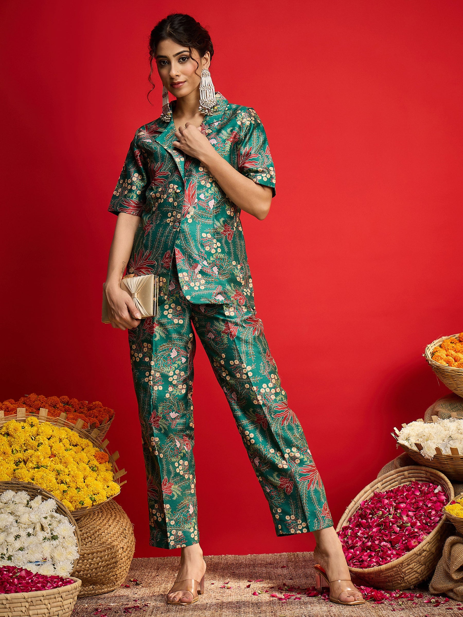 Green Floral Blazer With Tapered Pants-Shae By SASSAFRAS