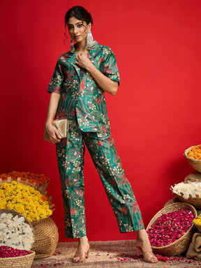 Green Floral Blazer With Tapered Pants-Shae By SASSAFRAS