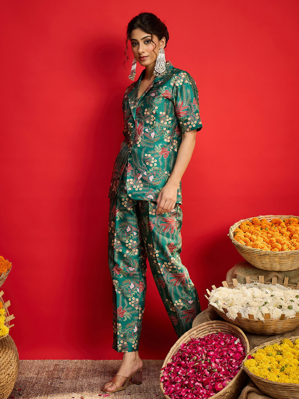 Green Floral Blazer With Tapered Pants-Shae By SASSAFRAS