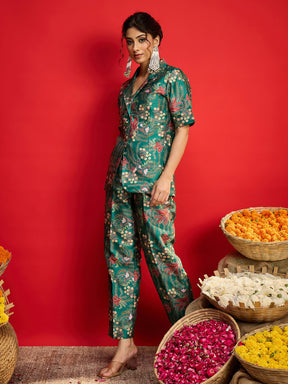 Green Floral Blazer With Tapered Pants-Shae By SASSAFRAS