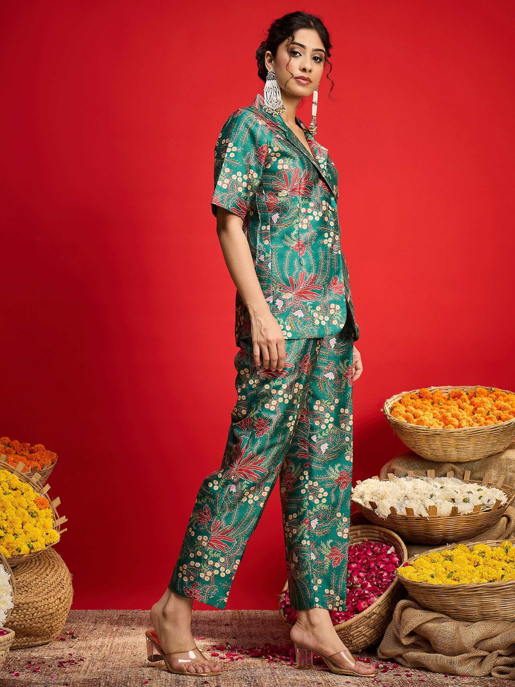 Green Floral Blazer With Tapered Pants-Shae By SASSAFRAS