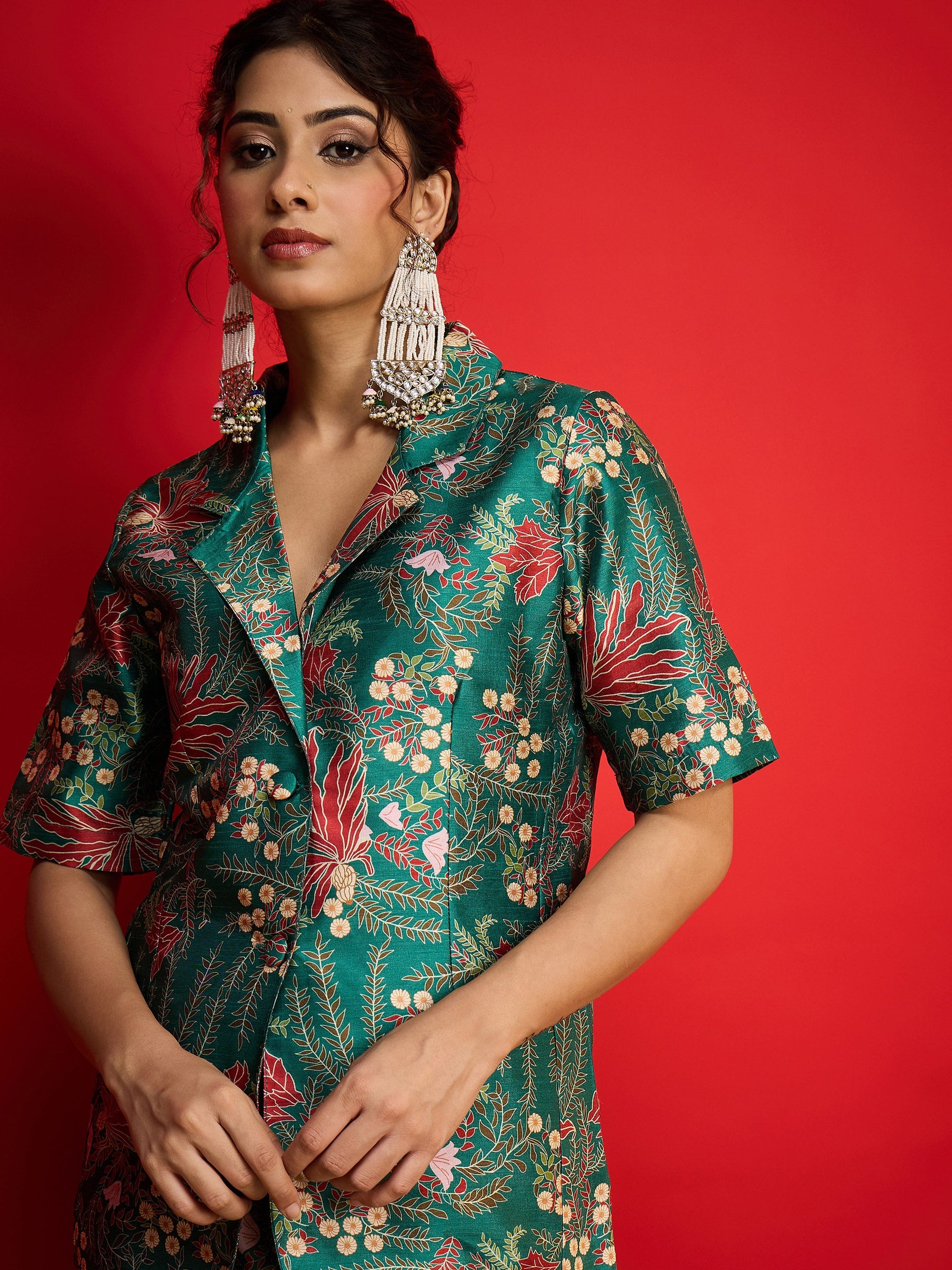 Green Floral Blazer With Tapered Pants-Shae By SASSAFRAS