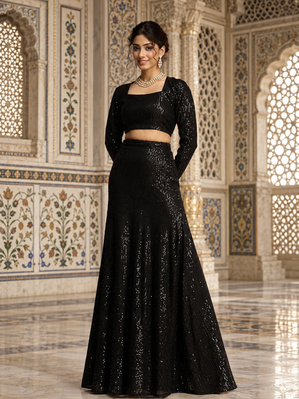 Women Black Sequence Crop Top With Fish Cut Skirt