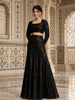 Women Black Sequence Crop Top With Fish Cut Skirt