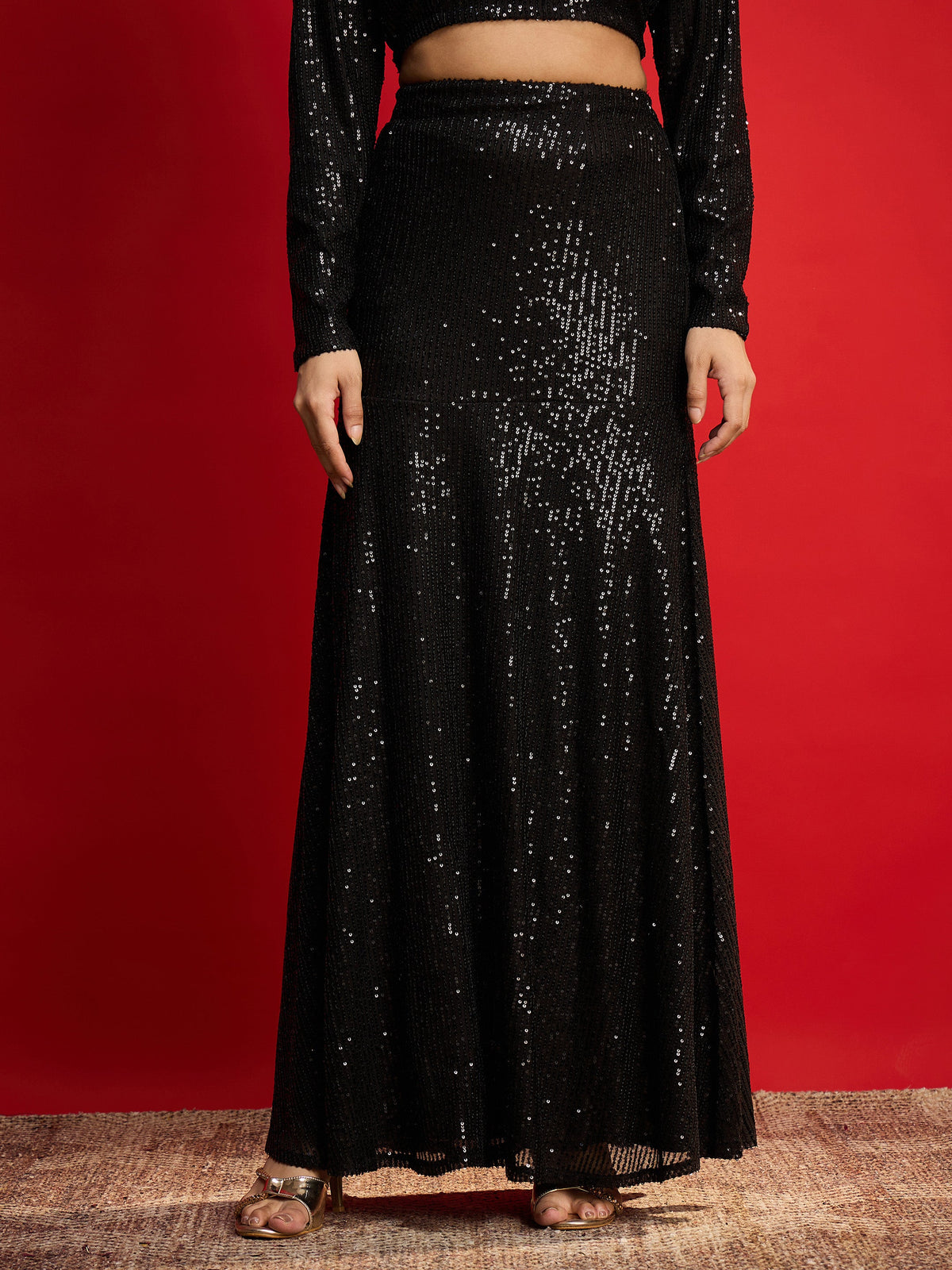 Black Sequence Crop Top With Fish Cut Skirt -Shae By SASSAFRAS