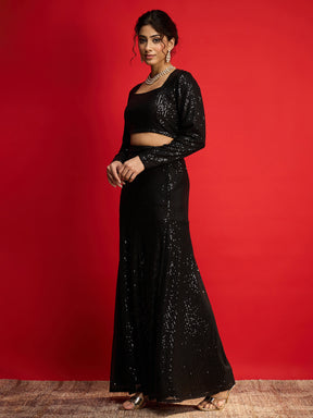 Black Sequence Crop Top With Fish Cut Skirt -Shae By SASSAFRAS