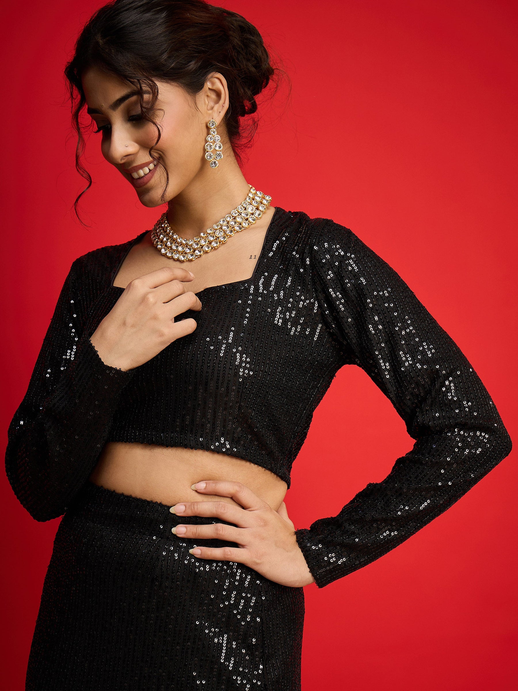 Black Sequence Crop Top With Fish Cut Skirt -Shae By SASSAFRAS