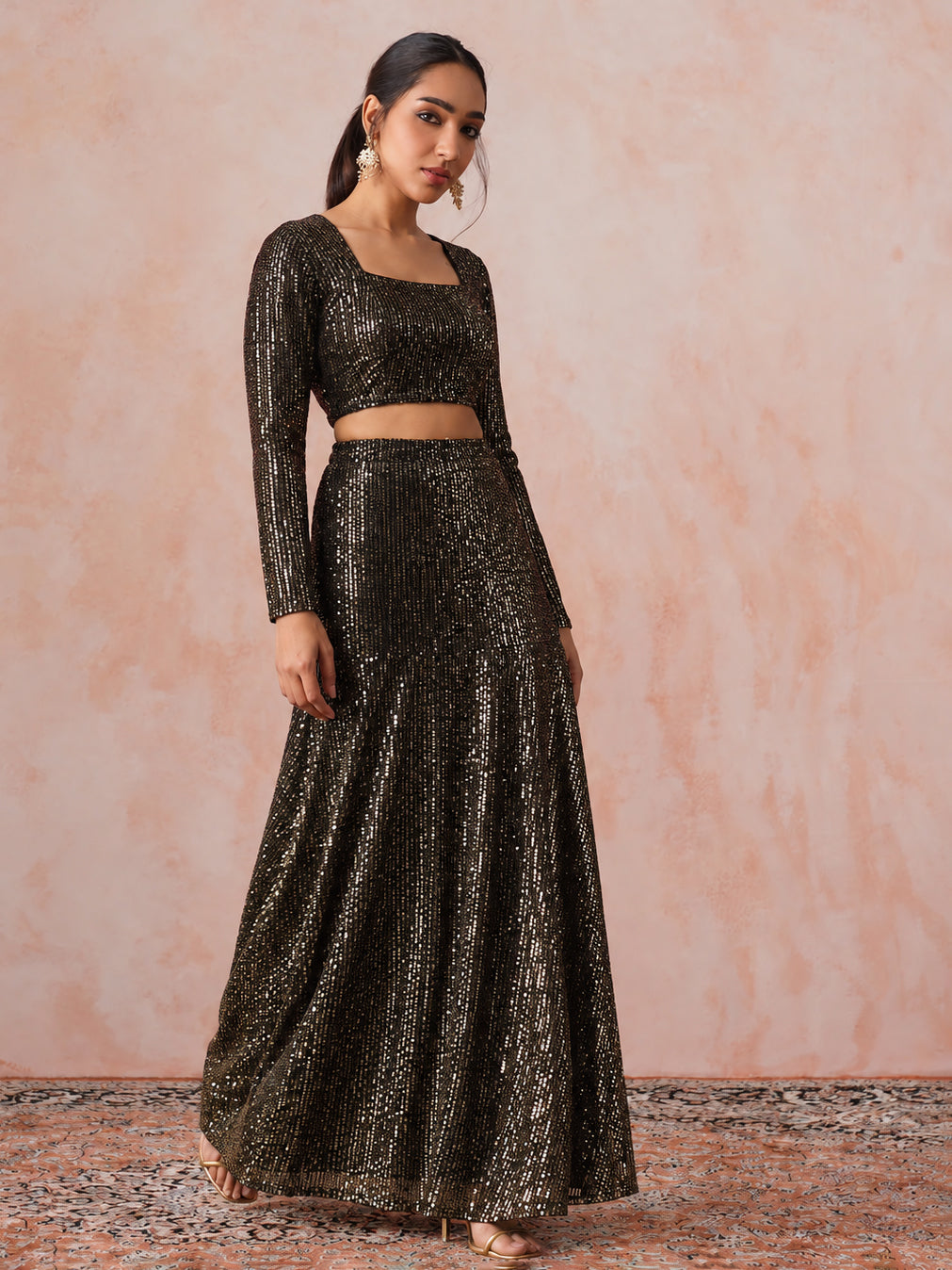 Women Black With Golden Sequence Crop Top With Fish Cut Skirt