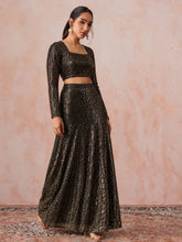 Women Black With Golden Sequence Crop Top With Fish Cut Skirt