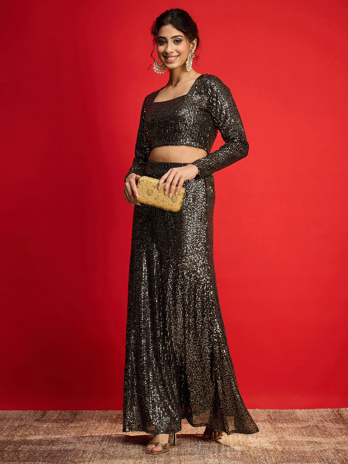 Black With Golden Sequence Crop Top With Fish Cut Skirt -Shae By SASSAFRAS