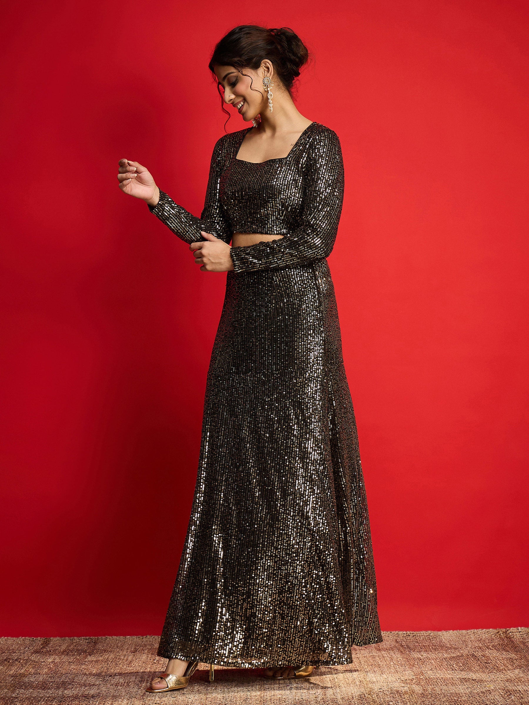 Black With Golden Sequence Crop Top With Fish Cut Skirt -Shae By SASSAFRAS