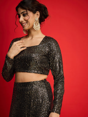 Black With Golden Sequence Crop Top With Fish Cut Skirt -Shae By SASSAFRAS