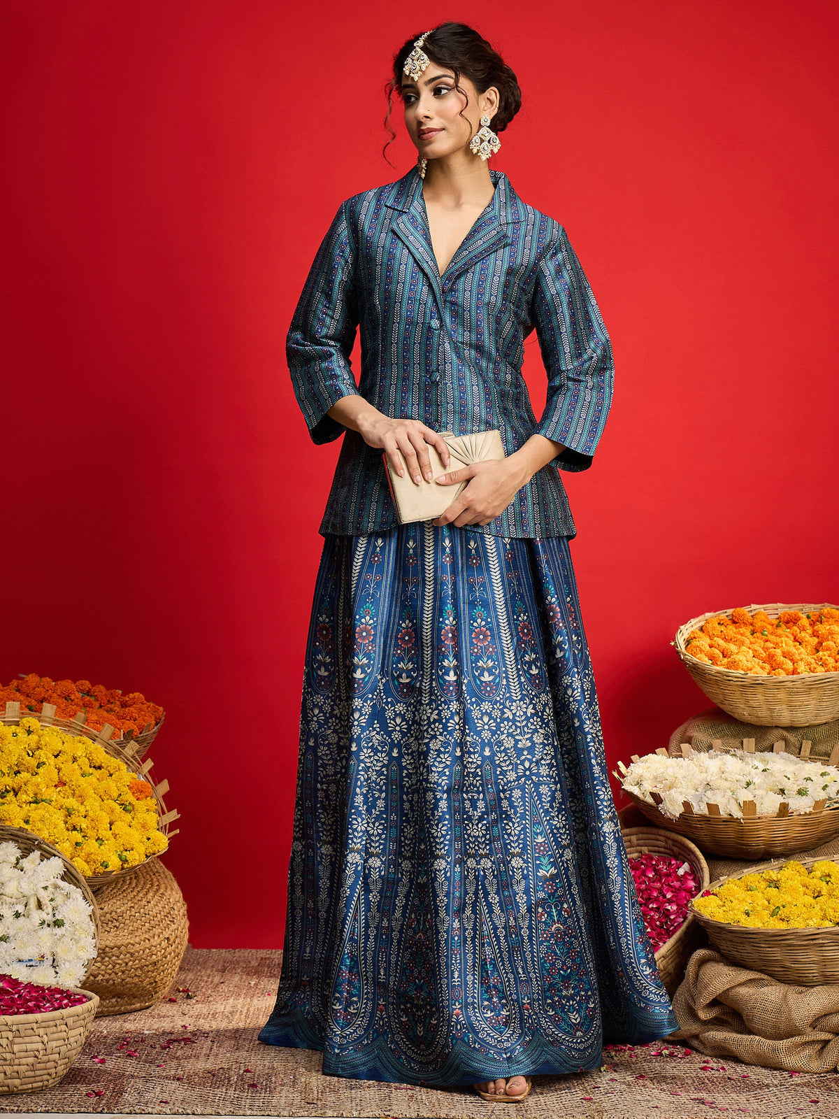 Blue Multi Floral Blazer Top With Anarkali Skirt -Shae By SASSAFRAS