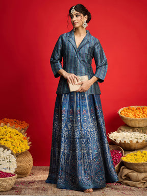 Blue Multi Floral Blazer Top With Anarkali Skirt -Shae By SASSAFRAS